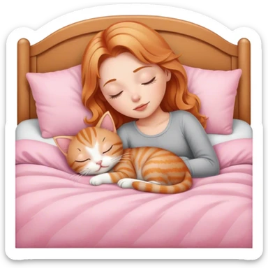 strawberry blonde girl asleep with gray tabby kitten in pink bed sticker