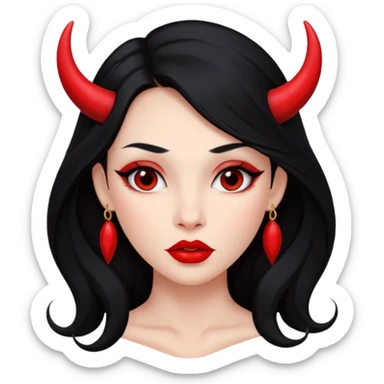 A girl's face with cheekbones, red skin, long black hair, small red horns, big lips sticker