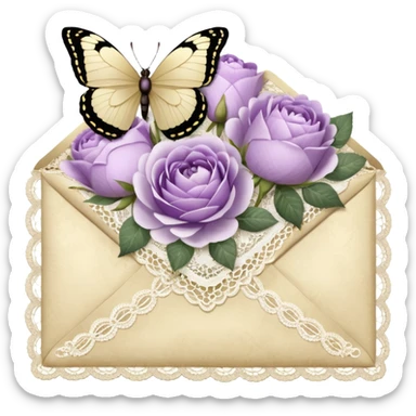 A delicate still life of an aged love letter sealed with golden wax, placed on a vintage lace doily, accompanied by a bouquet of pale purle roses and white peonies, with a shimmering pearl butterfly resting on the envelope. sticker