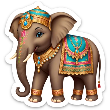 Decorated Indian elephant – Cinematic Realistic Decorated Indian Elephant, depicted as a majestic elephant adorned with vibrant, ornate ceremonial decorations and rich, colorful fabrics, set against a festive Indian backdrop with warm golden lighting that highlights its cultural significance. sticker