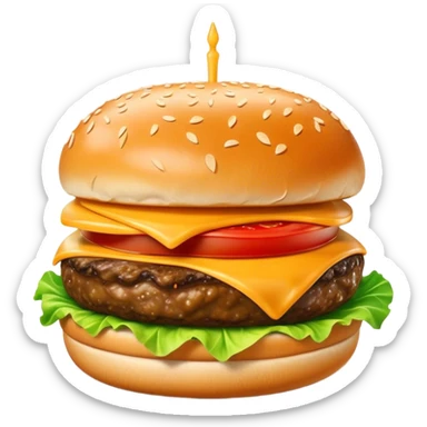 Cinematic Realistic Cheeseburger Dish Emoji, showcasing a juicy burger layered with cheese, lettuce, and tomato on a toasted bun rendered with lifelike detail and vibrant, inviting lighting. sticker