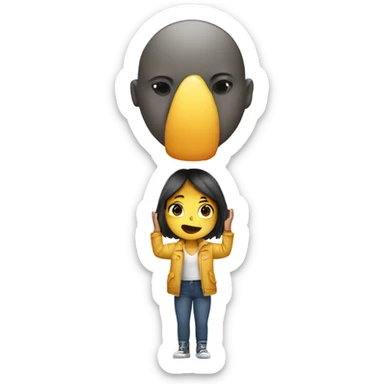 Girl with a massive head being held up by a crane sticker
