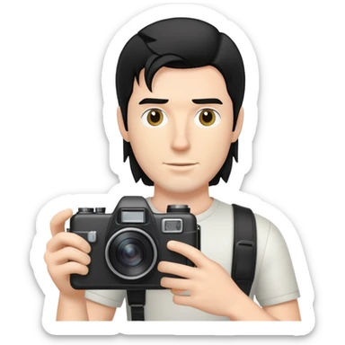 a white man with black mullet hair holding a foto camera sticker