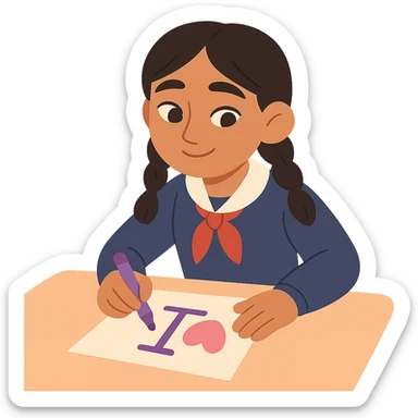 Kazakh girl in Korean school uniform, drawing a T with a heart on paper in pastel toon style sticker