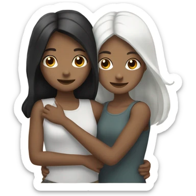 2 girls hugging each other one who is pale with black straight hair and one who is white with brown wavy hair sticker