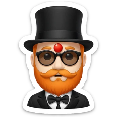 dwarf with a beard, a hairy body black sunglasses and a black top hat on his head. He also has a black tie on his chest. His nose is orange and his skin is pale white. sticker