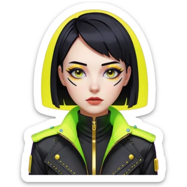 Cyberpunk woman, sleek black bob, gold neck cyberware, sharp eyeliner, high-collar designer jacket, neon lighting sticker