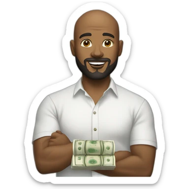 white male with small beard and almost bald holding stacks of money smart casual shirt sticker