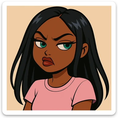 Change the expression to angry with a snooty attitude, keep the side-eye pose, headshot only, 20-year-old anime Bratz style woman with dark skin, straight hair, more casual outfit, big expressive eyes, glossy lips, no hat, no tears, nose turned up. sticker