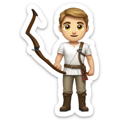 a male archer with a bow, wearing a white shirt, very short brown hair, bright skin, only show upper part of the body from waist up sticker