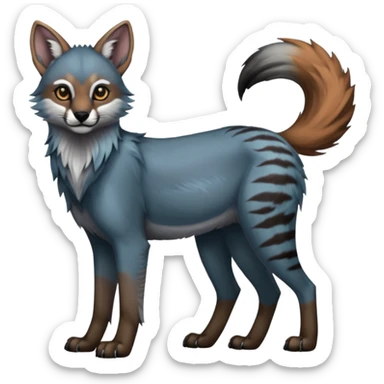 Realistic edgy cute cool bluish greyish blackish whitish silvery coppery Shiny Colorful Dusky Dark Gloomy Glossy Maned-Wolf-Genet-Caracal-Lion-Bobcat-fusion-animal-hybrid-creature, full body, tufted ears, long thin tufted tail sticker