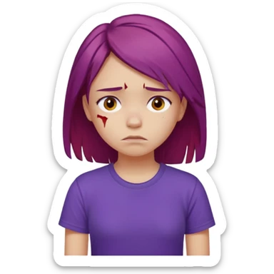 Young girl with red, damaged, and unattractive hair, wearing a purple T-shirt, with a sad and subdued expression. sticker