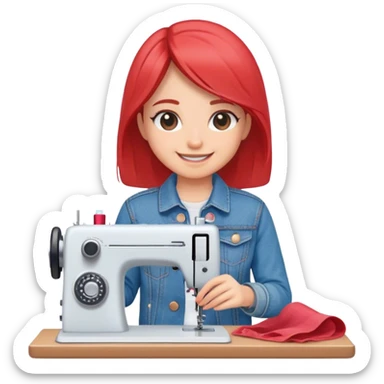 Smiling girl in denim jacket with sewing machine. sticker