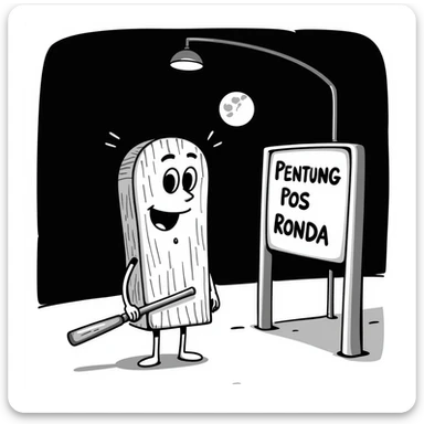 a humanoid wooden club with big cartoon eyes and a wide smile, barefoot, standing at a dark street bus stop under a dim streetlight, holding a bat, with a background sign reading 'Pentung Pos Ronda' sticker