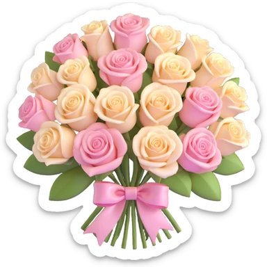 elegant rose bouquet with pink and cream roses, shiny and smooth, detailed petals, pastel wrapping, cute ribbon sticker