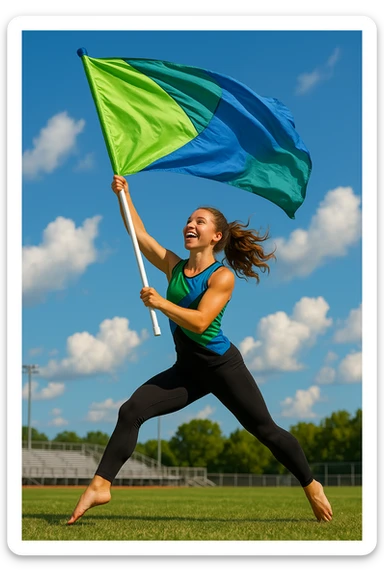 colorguard girl waving a green and blue flag, wearing black leggings and a green and blue top, lively and athletic sticker