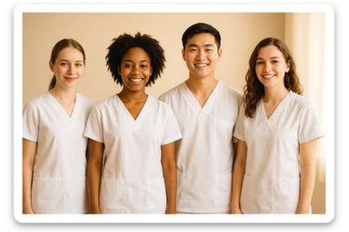 four nursing students standing side by side without touching, warm atmosphere, wearing short-sleeved white uniforms, no undershirts or stethoscopes sticker