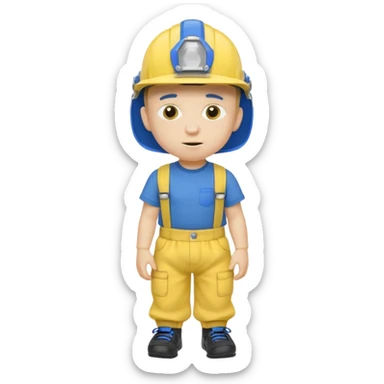 a character with a blue helmet,a pencil up his nose,a yellow shirt what says jeffy,and a nappy/diaper on the outside of hiv navy pants and black shoes sticker