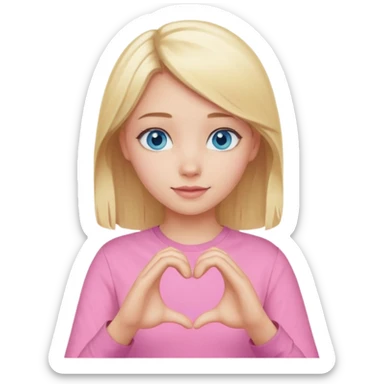 Realistic Blonde girl blue eyes, pink shirt, making heart sign with hands sticker