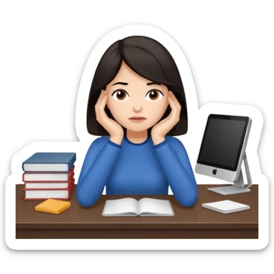  iOS emoji style - An overwhelmed woman sitting at a desk. She has dark hair. sticker