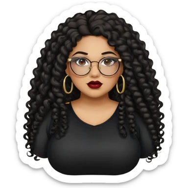 teen big plus size, latina, darker tan skin, gold hoops, long black curly hair, baddie,pretty, makeup, dark red lipgloss, black eyeliner, long hair, black shirt, black glasses sticker