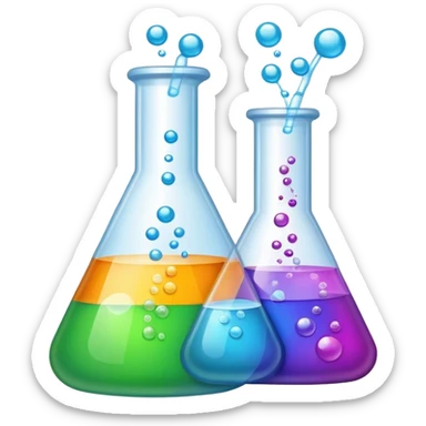 An icon featuring laboratory flasks with tubes, symbolizing chemistry. The design includes liquid and powder substances, a chemical reaction with bubbles, and molecular formulas, representing chemical processes like hydrolysis. Transparent background sticker