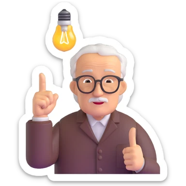 elderly man pointing his finger up at a light bulb, pretending that he has an idea sticker