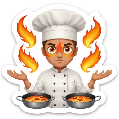 chef with intense flame eyes, crossing pans across chest in X formation sticker