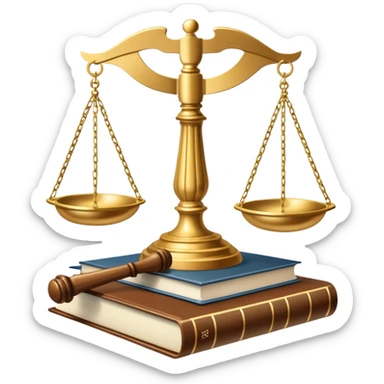 An icon featuring scales of justice, a gavel, and a legal book, symbolizing the study of law. The design includes courthouse pillars in the background, representing authority and legal systems. Transparent background highlights the principles of justice, order, and legal education. sticker