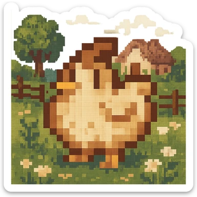 Using a transparent background, re-imagine this pixelated chicken in a cottage core setting sticker