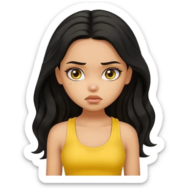 a pretty bratz girl with long wavy black hair, wearing a yellow tank top. looking sad sticker