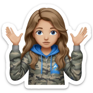 Girl with long wavy light brown hair, blue eyes , medium skin tone, wearing a gray camo hoodie  giving a I don’t know shoulder shrug with hands up sticker