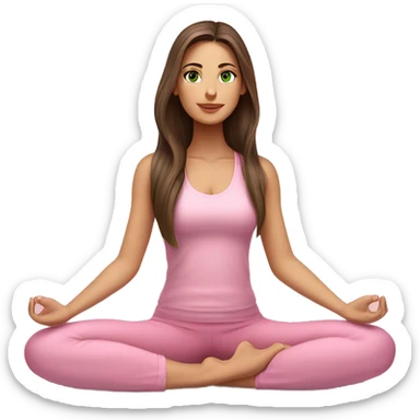 Brunette long hair and green eyes yoga beautiful girl in light pink pink pink clothes sitting on a yoga mat sticker