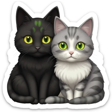 1 grey cat with green eyes and 1 black with yellow/green eyes cat cuddling sticker