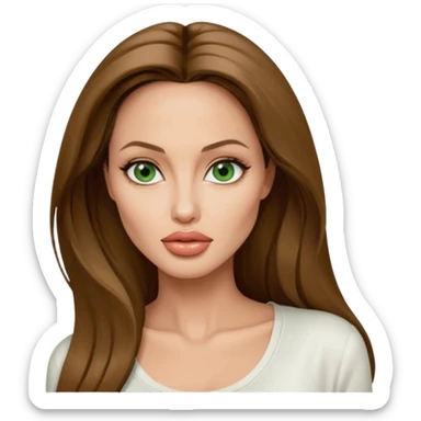 Angelina jolie , fashion model Beautiful woman model adult   large breasts  with monolid narrow green  eyes tan skin, full lips  long hair model white  top   sticker