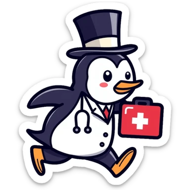 Side view of a penguin doctor running, wearing a top hat, holding a medical box with a red cross sticker