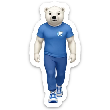 muscular friendly anthropomorphised polar bear walking confidently, wearing a royal blue t-shirt, black pants, and white trainers sticker