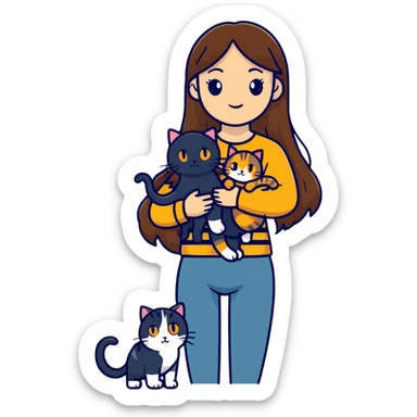 tan girl with long brown hair holding two cats, one black cat and one grey-striped cat sticker