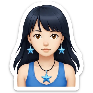 девушка 20 лет с карими глазами, черными длинными волосами и челкой в голубой майке с кулоном на шее в виде звезды sticker