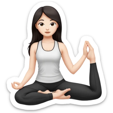Девушка белокожая, с длинными темными волосами, в одежде для йоги - черные лосины, белый топ, сидит в позе йоги, правильные пропорции тела, только человек sticker