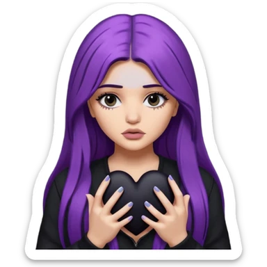 A Kylie Jenner with long purple hair is sad and holds a black heart in her hands sticker