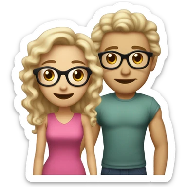 Smoothie date. woman light skin, shoulder-length curls, glasses, and a slightly shocked expression, as if she’s not excited about the date. The man should have an emo hairstyle and light or olive skin, with a happy and enthusiastic expression sticker