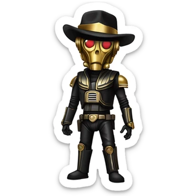 battle rough and tough bounty hunter c3Po wearing Satan’s leather outfit with guns and flat-brimmed hat on head. walking sticker