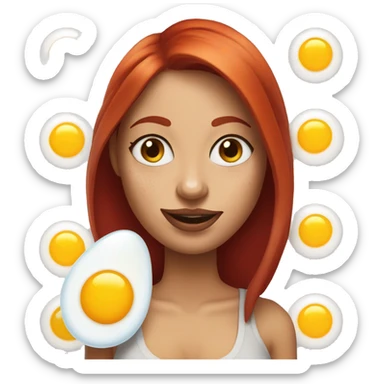 Woman with red hair, nose piercing, blue eyes and arm tattoos holding fried eggs sticker