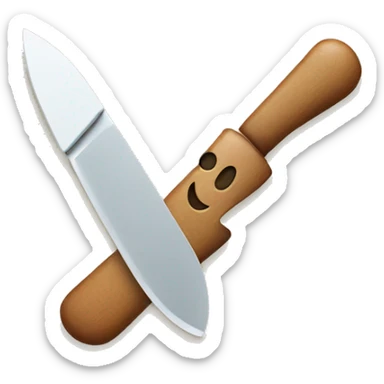 a friendly smiling emoji face holding a small kitchen knife, cartoon style.” sticker