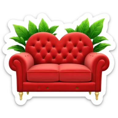 swanky red velvet loveseat with a mic in front, plant in back, and sparkles sticker