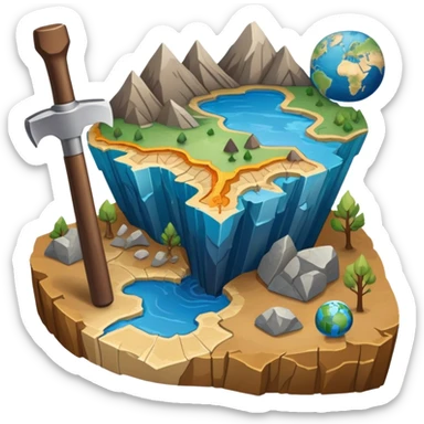 An icon featuring a pickaxe and a geological map, and layers of Earth’s crust, symbolizing geology. The design includes mineral samples, fossils, and tectonic plates, representing the study of Earth’s structure and natural processes. Transparent background highlights geological exploration sticker