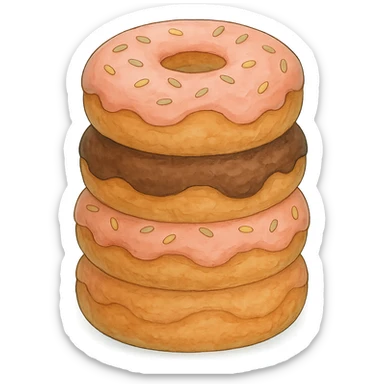 A stack of donuts in Ghibli style, detailed, with soft blue colors, no background. sticker