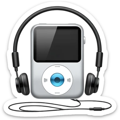 Futuristic iPod emoji with earphones, metallic black and white, smooth reflective surfaces, flat minimal vector design, clean UI style sticker