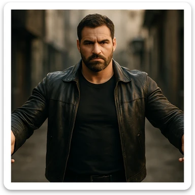 cinematic 4K scene of a man with strong masculine and protective energy, confident posture, open arms, intense but calm face, hyper realistic sticker